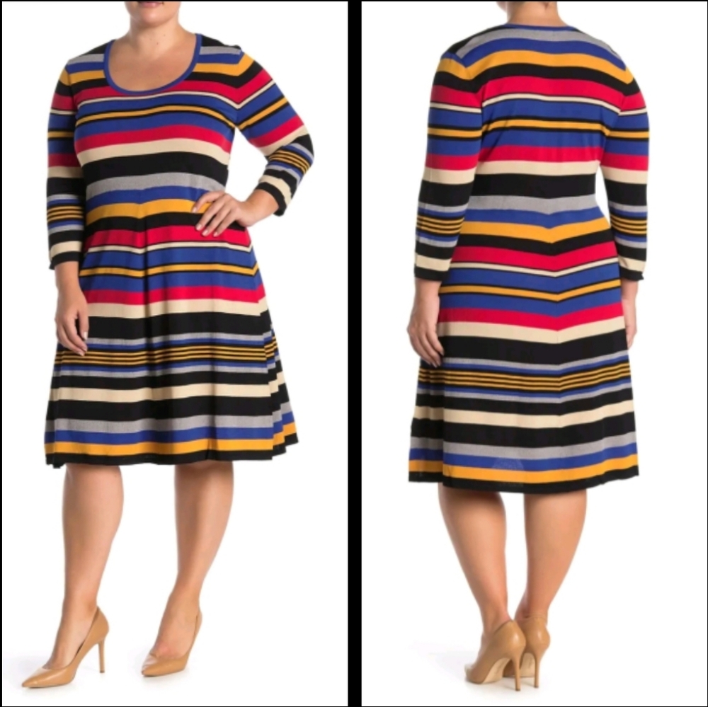 12/14 DRESSBARN Maree Stripe Fit And Flare Stretch Knitted Midi Dress 3/4 Sleeve